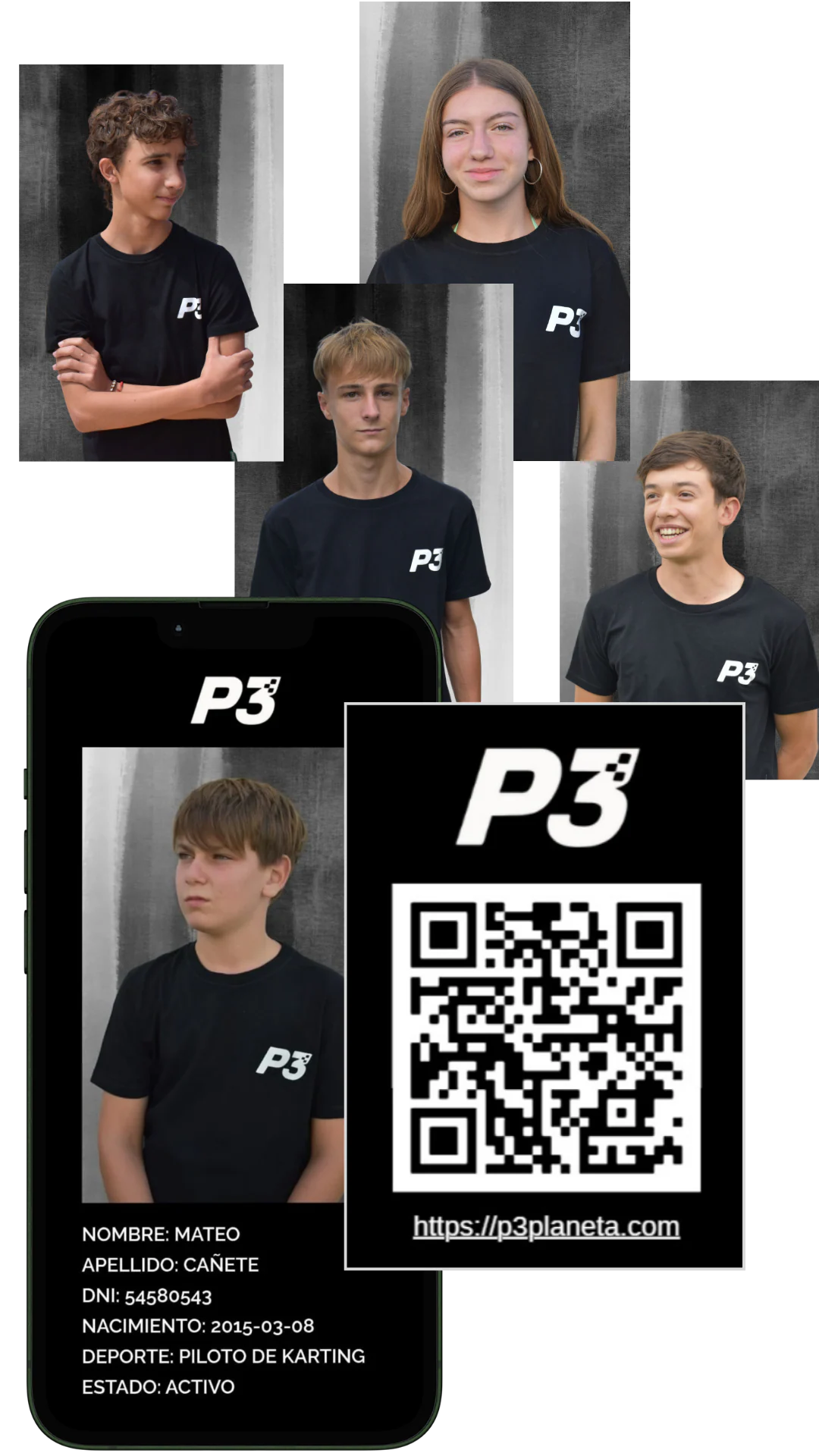 Deportistas de la comunidad P3 junto a un ejemplo del carnet digital con código QR