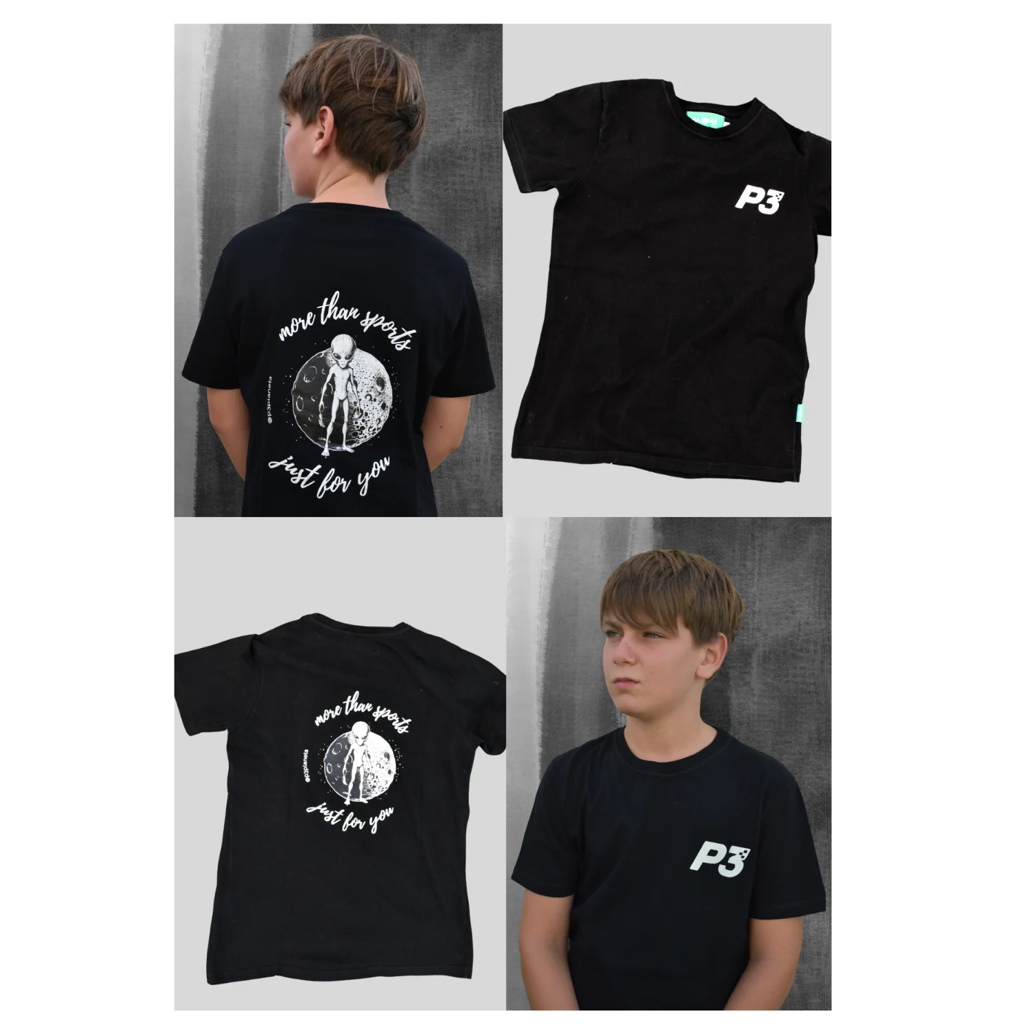 Remera oficial de Planeta P3 presentada en distintas vistas